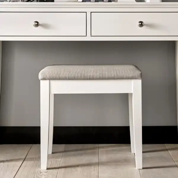 White Painted Dressing Table Stool in Grey Fabric