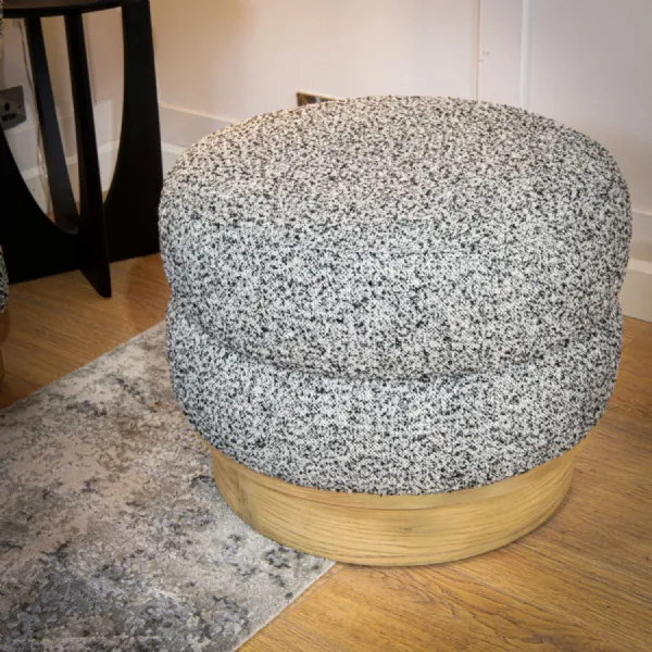 Grey and Black Textured Fabric Round Stool Wooden Base