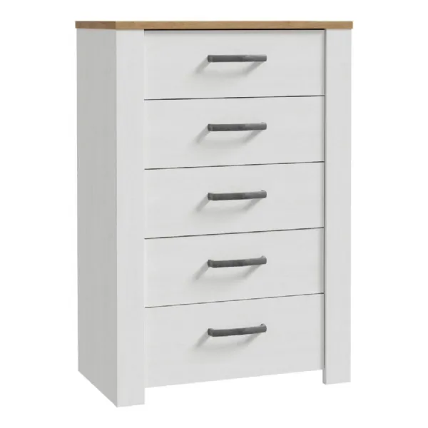 Bohol 5 Drawer Narrow Chest in White Riviera Oak