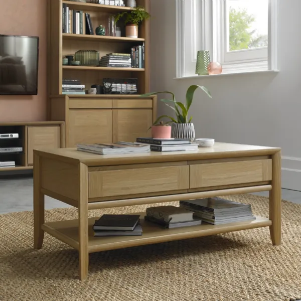 Large Oak Rectangular Coffee Table with 2 Drawers and Shelf