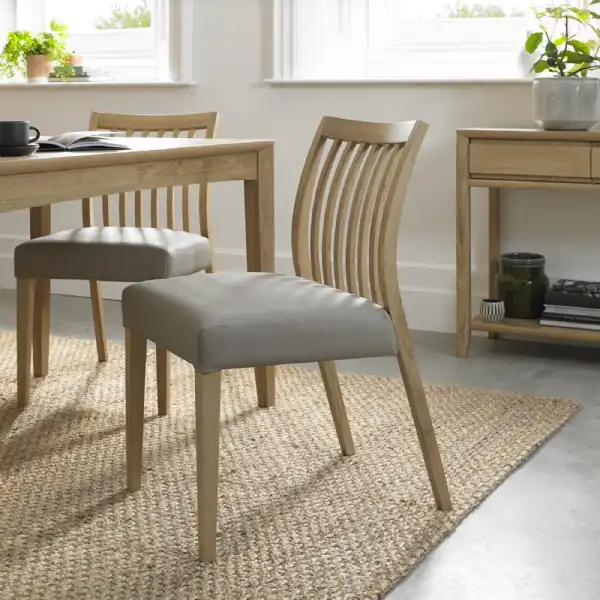Oak Slat Back Dining Chair Grey Leather Seat Cushion