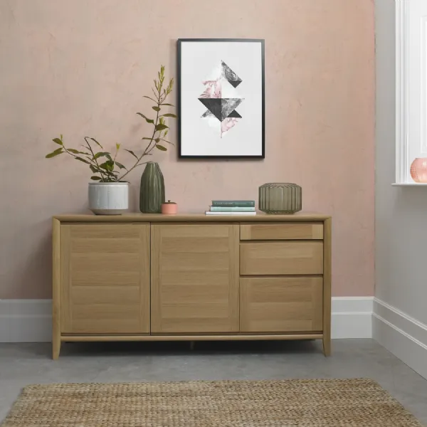 Scandi Oak Wide Sideboard 2 Doors 3 Drawers