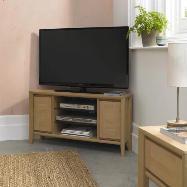 Modern Oak Corner TV Media Unit with Glass Shelves