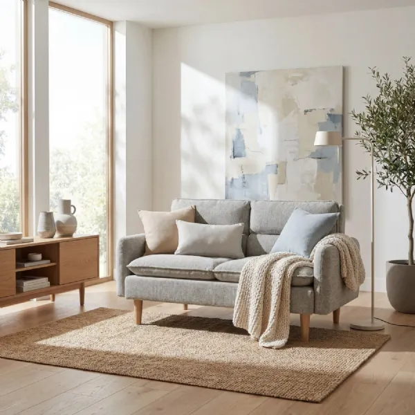 Natural Fabric Upholstered 2 Seater Sofa Light Wooden Legs
