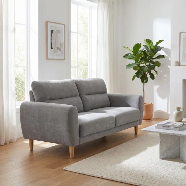 Grey Fabric Scandinavian Style 3 Seater Sofa Wooden Legs
