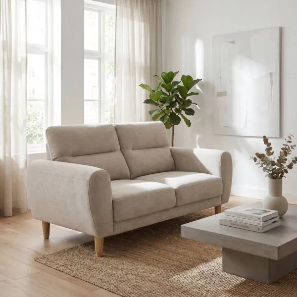 Natural Fabric Scandinavian Style 2 Seater Sofa Wooden Legs