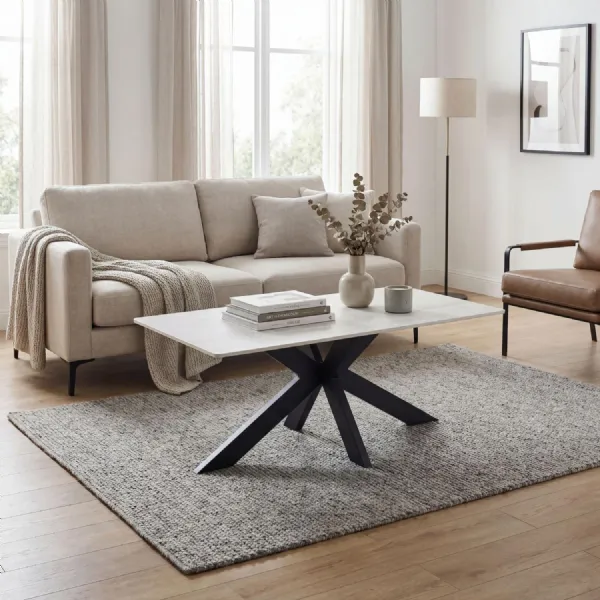Ivory Ceramic Top Coffee Table Metal Cross Legs