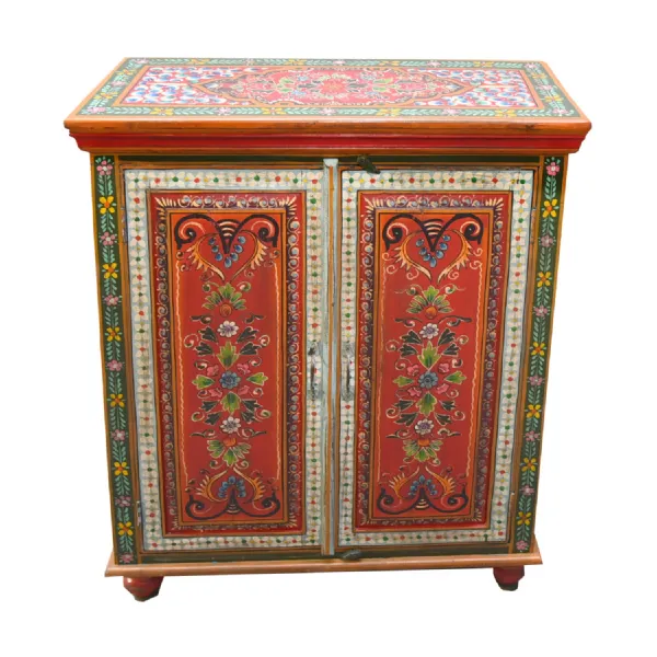 Hand Painted Vintage Folk Pattern 2 Door Cabinet with Internal Shelves