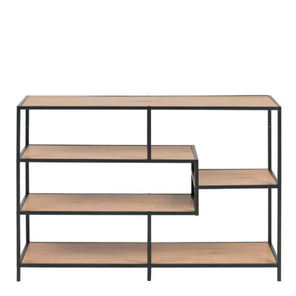 Seaford Wide Black Metal Bookcase with 4 Oak Shelves