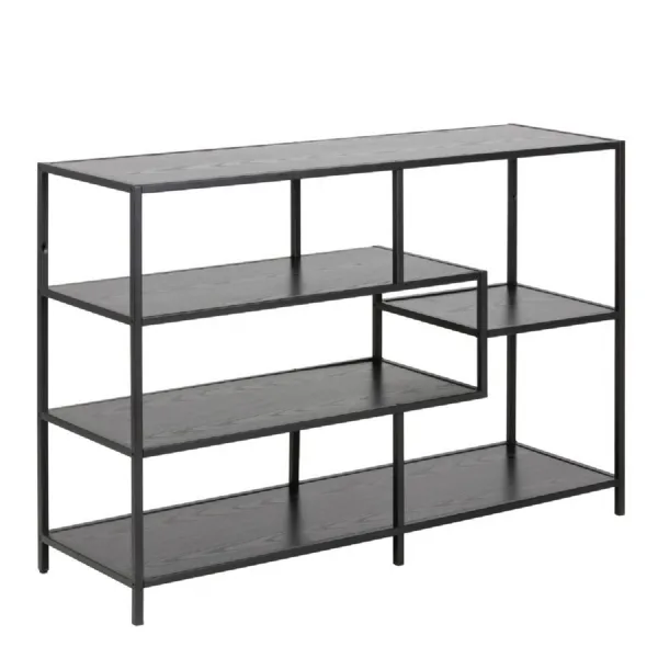 Seaford Wide Black Metal Bookcase with 4 Black Oak Shelves