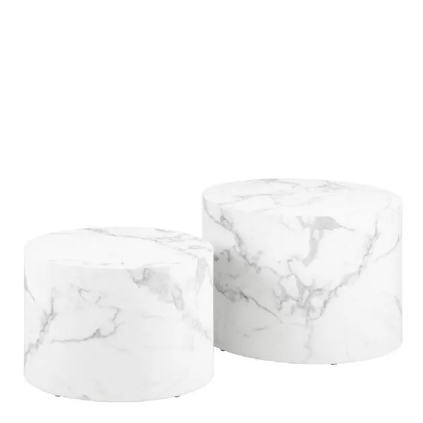 Dice Round Coffee Table Set of 2 in White Marble and Carrara Rough Paper