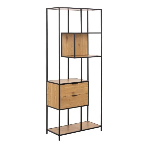 Seaford Tall Wild Oak Metal 2 Drawer Bookcase With 4 Shelves