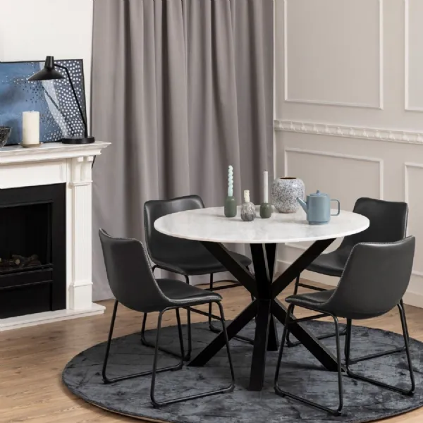 Heaven Round White Polished Marble Dining Table includes 4 I_Oregon Dining Chairs In Black
