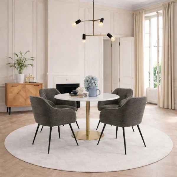 Corby Round Dining Table with White Polished Marble Top & Gold Base inc 4 Brooke Dining Chairs with Armrests in Taupe