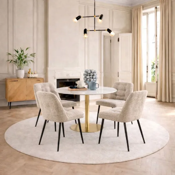 Corby Round Dining Table with White Polished Marble Top & Gold Base inc 4 Brooke Dining Chairs in Beige
