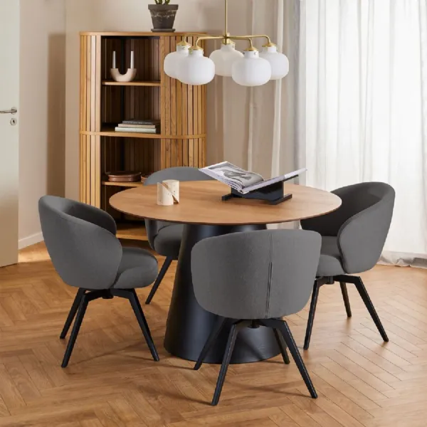 Soli Round Dining Table in Oak and Black 120x75cm Includes 4 Darlene Dining Chair with Armrest and Swivel Function in Grey