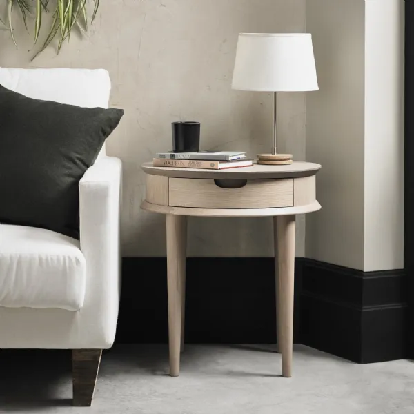 Scandi Oak Round Side Lamp Table 1 Drawer 50cm Diameter