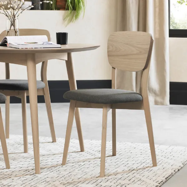 Pair of Light Oak Dining Chairs Grey Fabric Seat Pads
