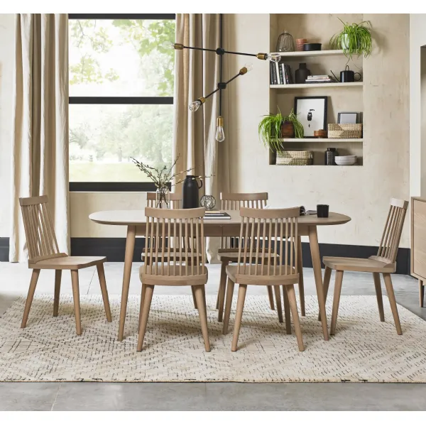 Scandi Oak Dining Table Set with 6 Spindle Back Chairs