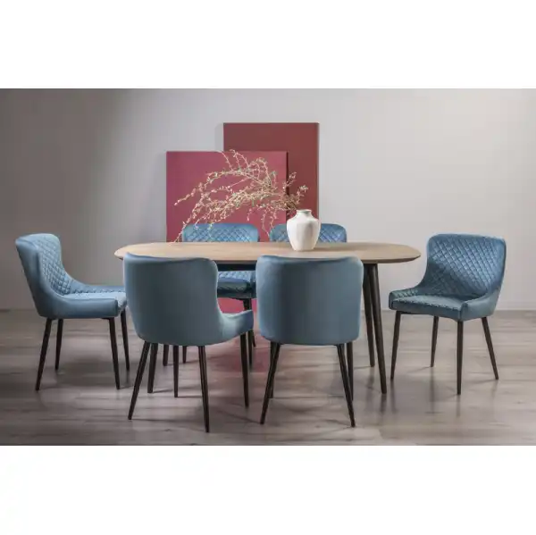 Weathered Oak Dining Set 6 Blue Velvet Fabric Chairs