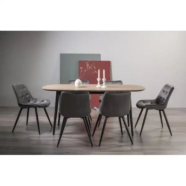 Weathered Oak Dining Table Set 6 Grey Velvet Fabric Chairs
