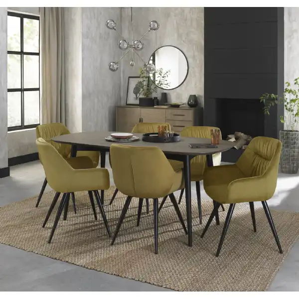Weathered Oak Dining Table Set 6 Yellow Velvet Fabric Chairs