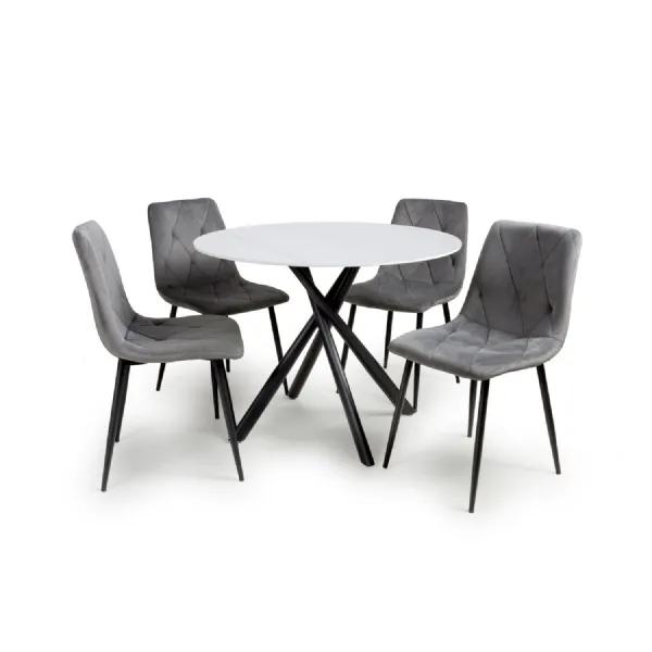 White Marble Effect Top 100cm Round Dining Set 4 Grey Chairs