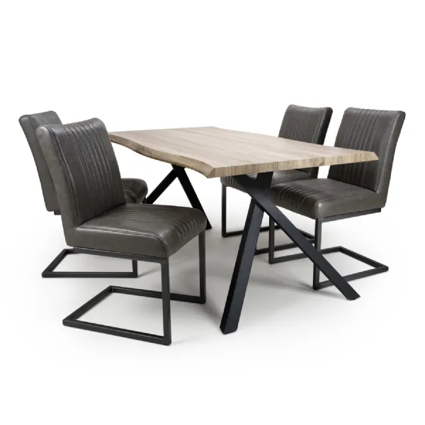 Pine Effect Curved Edged Dining Table Set 4 Grey Chairs