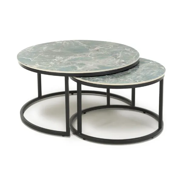 Green Texture Mable Effect Top Round Nest of 2 Tables