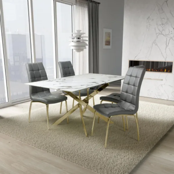 White Marble Effect 1.6m Dining Table Gold Legs 4 Grey Chairs