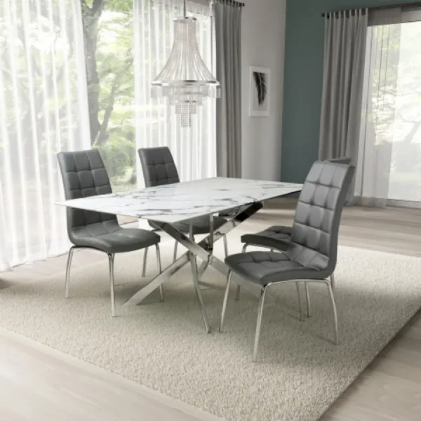 White Marble Effect 1.6m Dining Table Set with 4 Grey Chairs