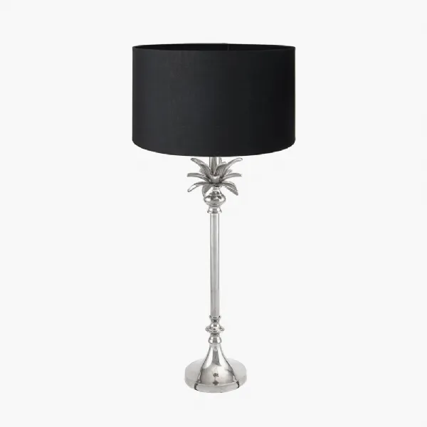 Trafalgar Nickel Metal Palm Tree Table Lamp Base with Harry 30cm Black Cotton Mix Cylinder Lampshade