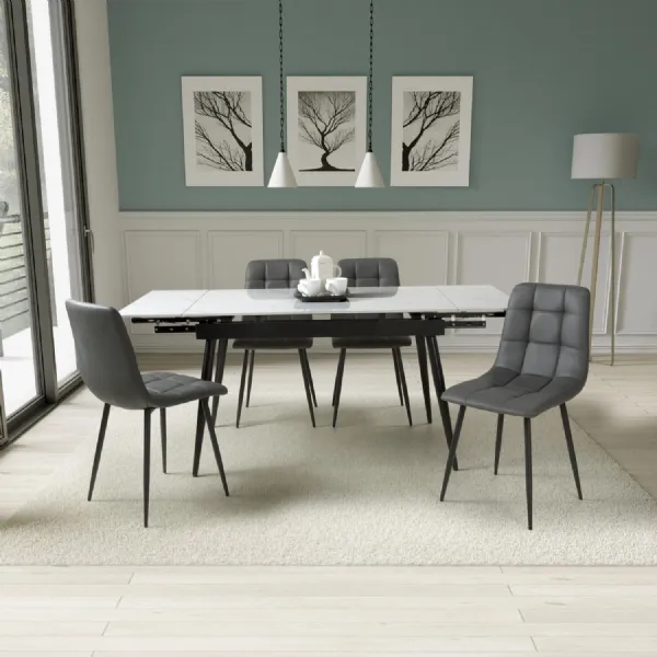 White Marble Effect Top Extending Dining Set 4 Grey Chairs