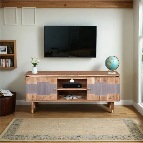 Natural Wood Lacquered 2 Door Wide TV Media Unit