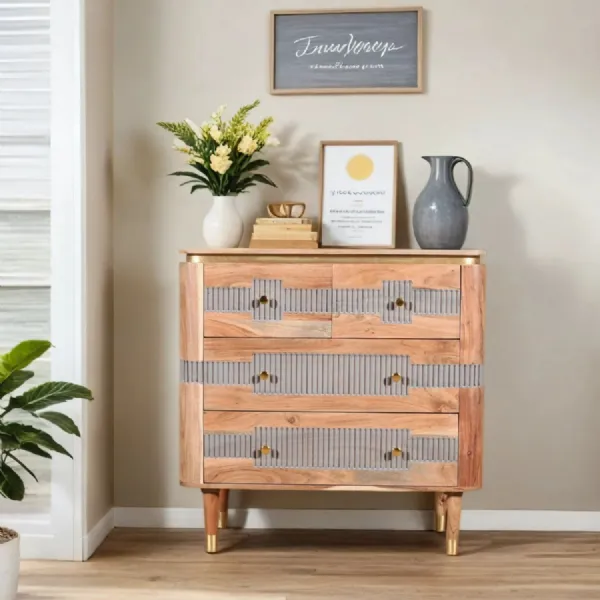 Natural and Grey Wood Lacquered 2 Over 2 Chest of Drawers