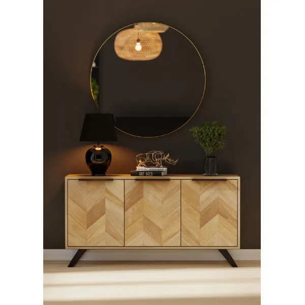 Natural Mango Wood 3 Door Sideboard with Parquet Doors and Black Metal Legs