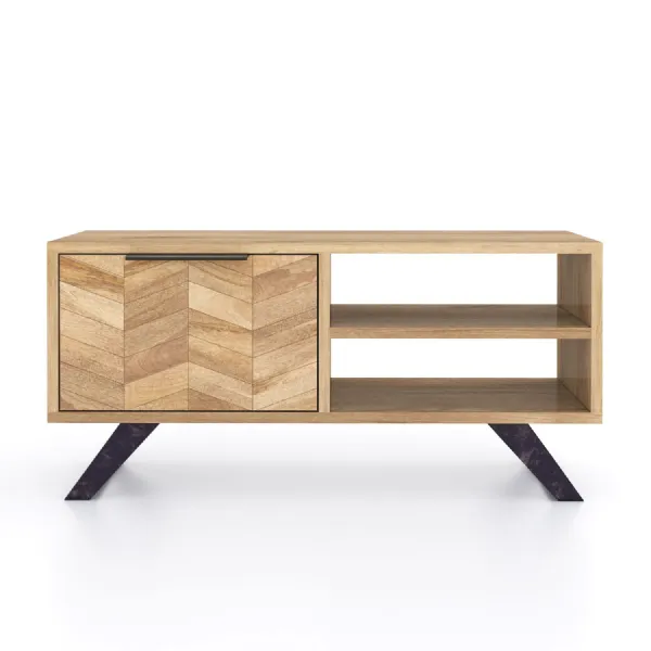 Industrial Solid Mango Wood Herringbone TV Unit with Metal Legs