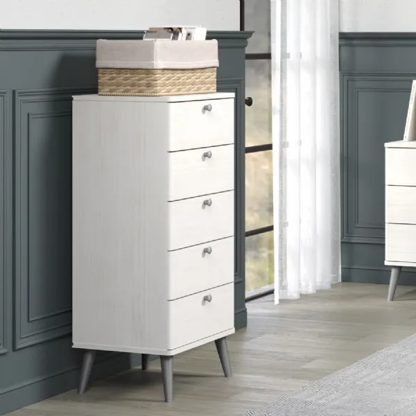 White Wood Narrow Chest of 5 Drawers Grey Legs