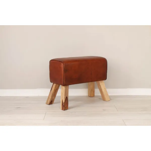 Tan Leather Large Horse Stool with Wooden Legs
