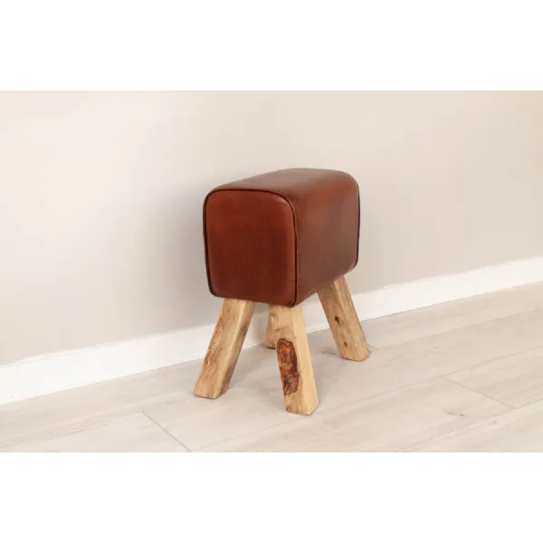 Tan Leather Small Horse Footstool with Wooden Legs