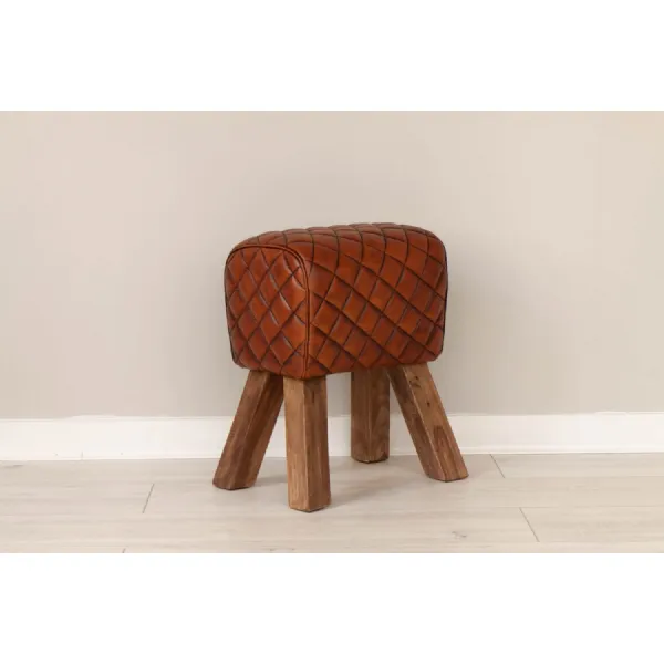 Tan Leather Checked Small Horse Stool with Wooden Legs