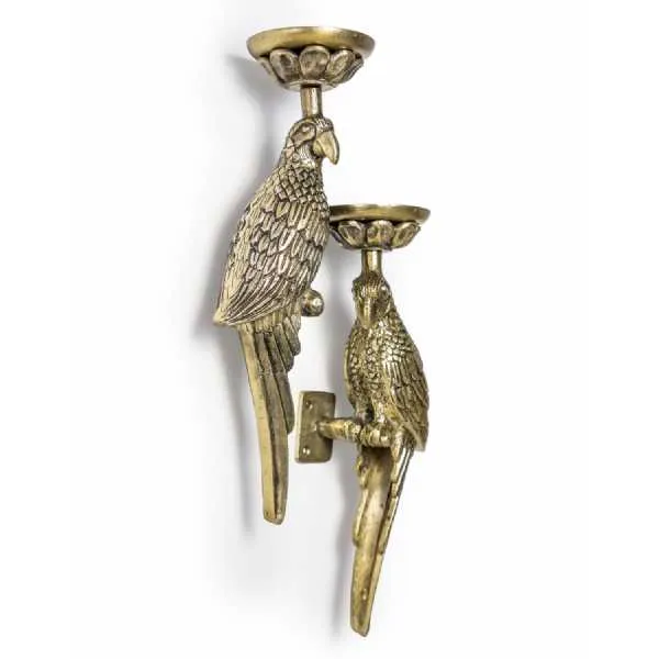 Pair Of Large Antique Gold Metal Parrot Wall Sconces