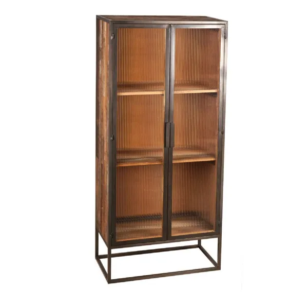 Industrial Reclaimed Wood Glass Front 2 Door Display Cabinet with 2 Shelves