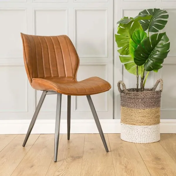 Modern Tan Vegan Leather Upholstered Dining Chair with Steel Legs