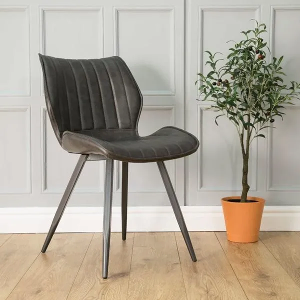 Modern Grey Vegan Leather Upholstered Dining Chair with Steel Legs
