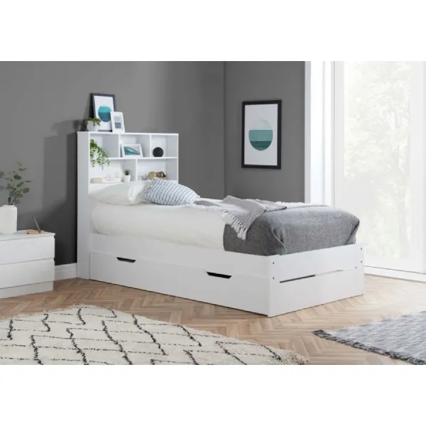 White Wood 1 Drawer Single Bed Open Shelf Headboard