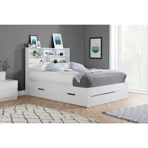 White Wood 1 Drawer Small Double Bed Open Shelf Headboard