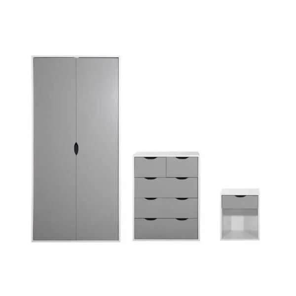 White Grey 3 Piece Double Wardrobe 5 Drawer Chest and Bedside Bedroom Set Modern Style