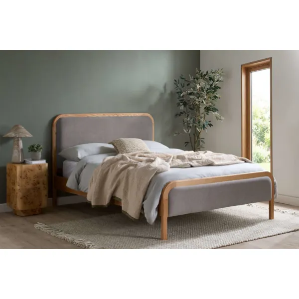Grey Fabric and Oak Double Bed with Linen Headboard