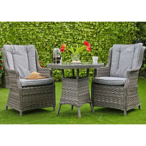 Grey Rattan Bistro Garden Dining Set 2 Armchairs Round Dining Table
